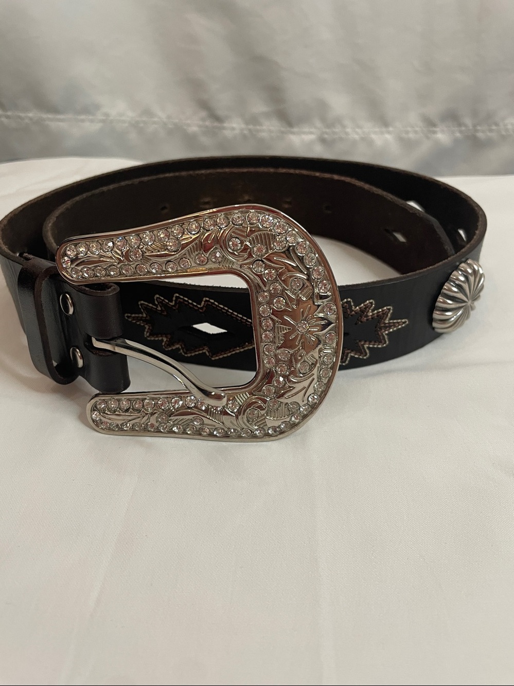 Black Leather Western-Style Belt with Ornate Silver Buckle